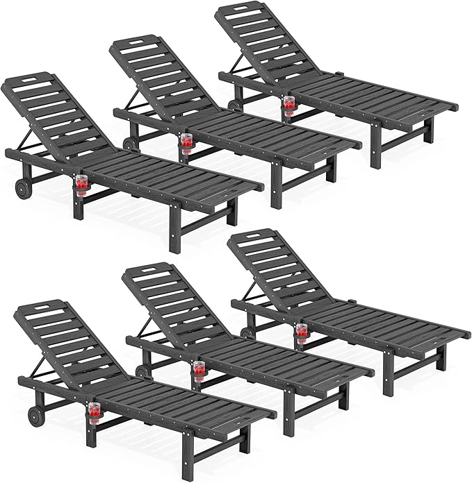 SERWALL Outdoor Chaise Lounge Set of 6, HDPE Pool Lounge Chair with 5-Position Adjustable Backrest, Patio Lounger with Rolling Wheels & Cup Holder for Pool, Grey