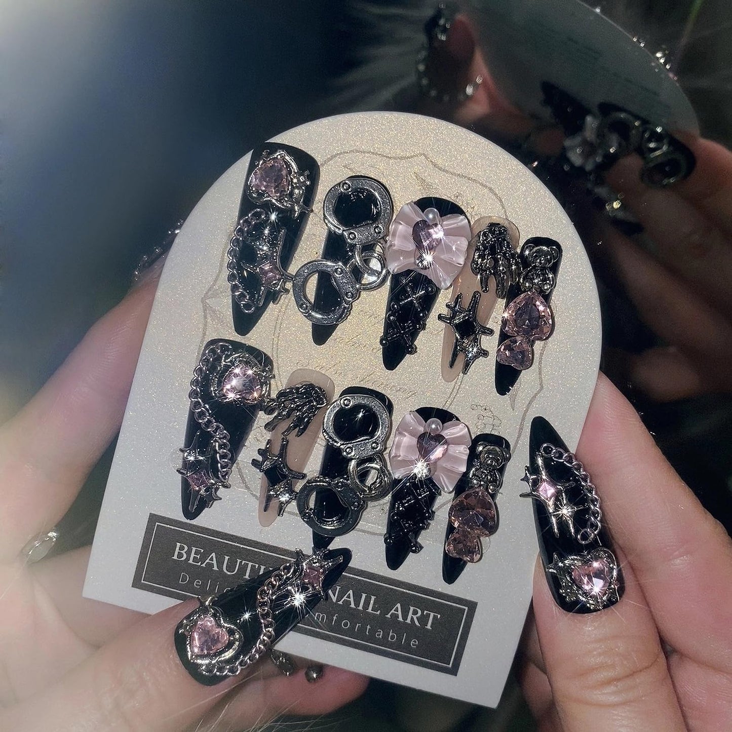 MISUD Press on Nails - Long Stiletto Fake Nails with Goth Black, Acrylic Gothic Y2K Charms Design 24 pcs