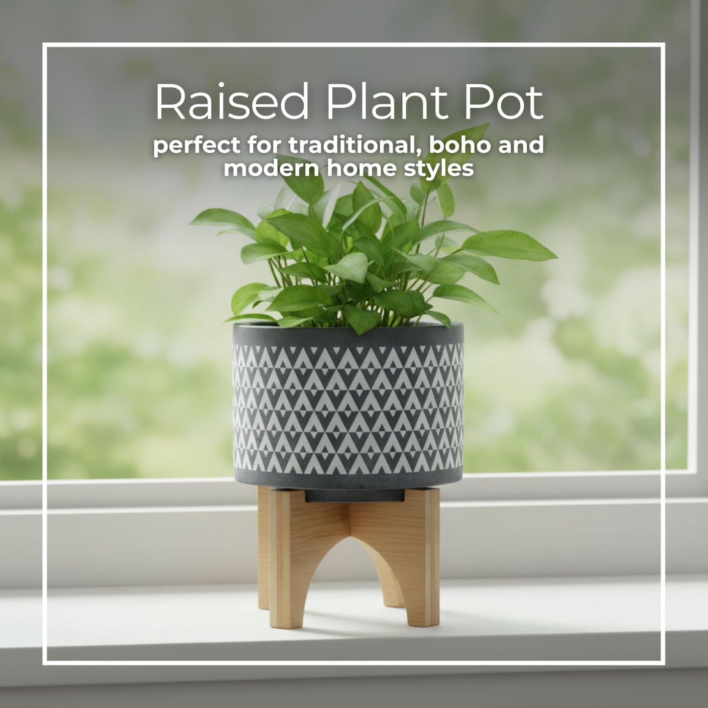 Aztec Decorative Planter Pot on Wooden Stand – Ceramic Stoneware Outdoor & Indoor Plant Pot with Gray Geometric Pattern – Modern Garden & Home Decor Ceramic Planters – 6", Gray