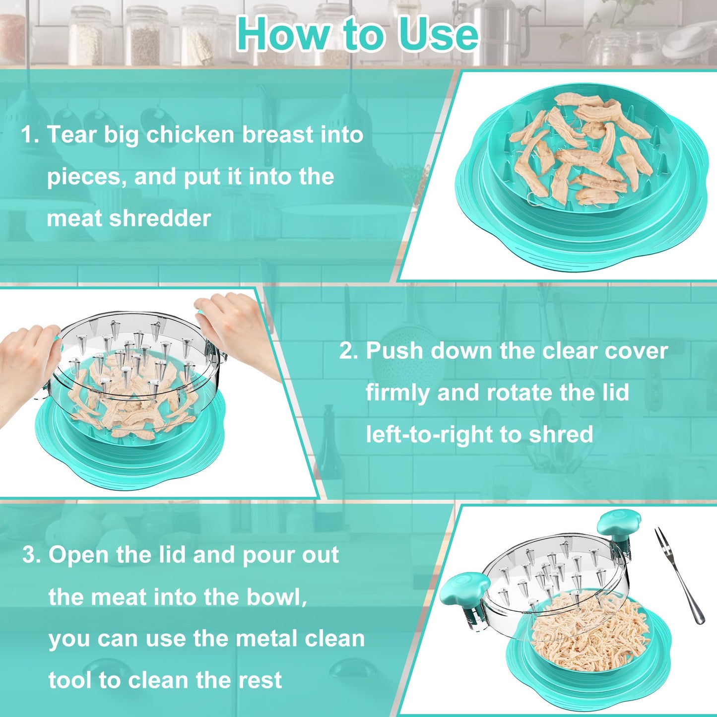 SURETIVIAN Chicken Shredder Large Chicken Breast Shredder Tool Twist with Brush&Fork, Visible Meat Shredder Machine, Anti-Slip Strip, Ergonomic Handle, BPA Free, Pork Beef Chicken(Mint Green)
