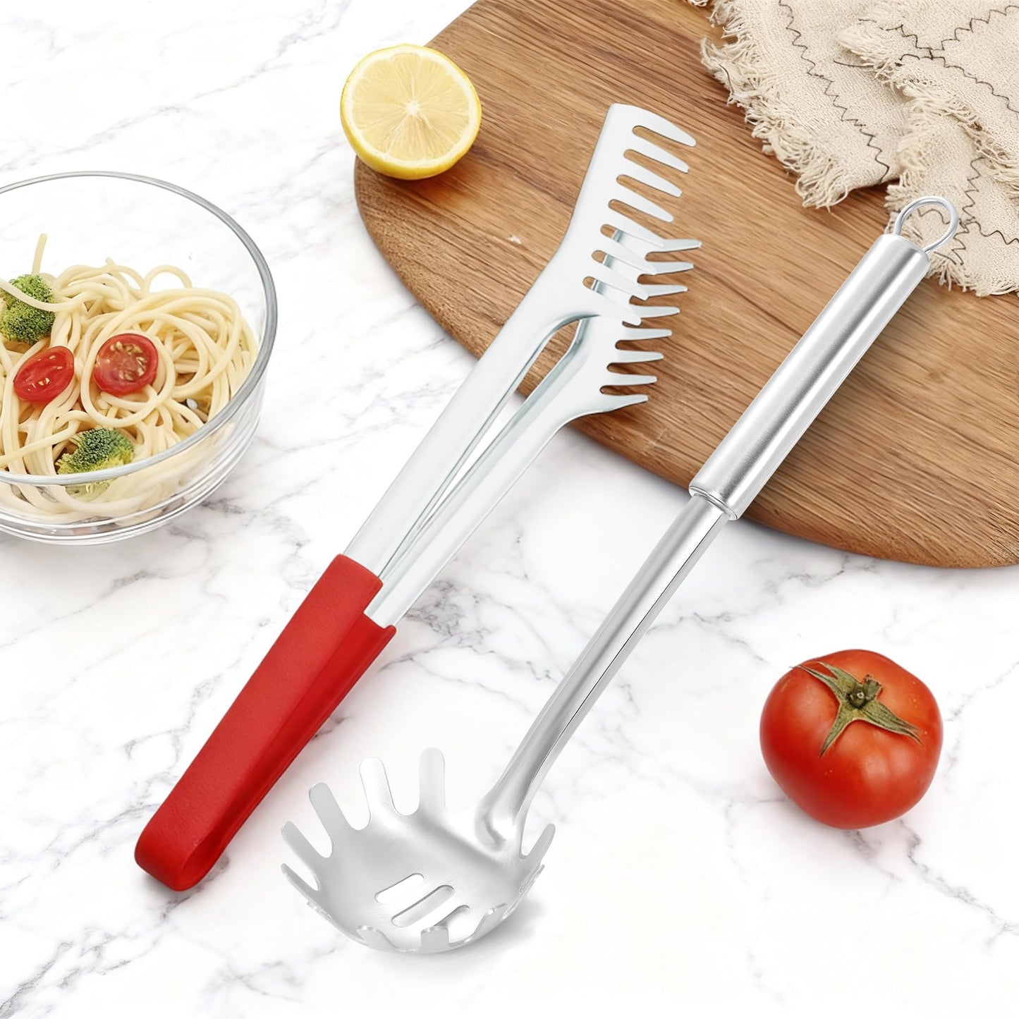 Funnydin Spaghetti Spoon and Spaghetti Tong - 12 Inch Heat-Proof Handle Spaghetti Fork and Kitchen Tong, Non-stick, Easy Storage and Dishwasher Safe Utensils for Cooking, Ergonomic Design