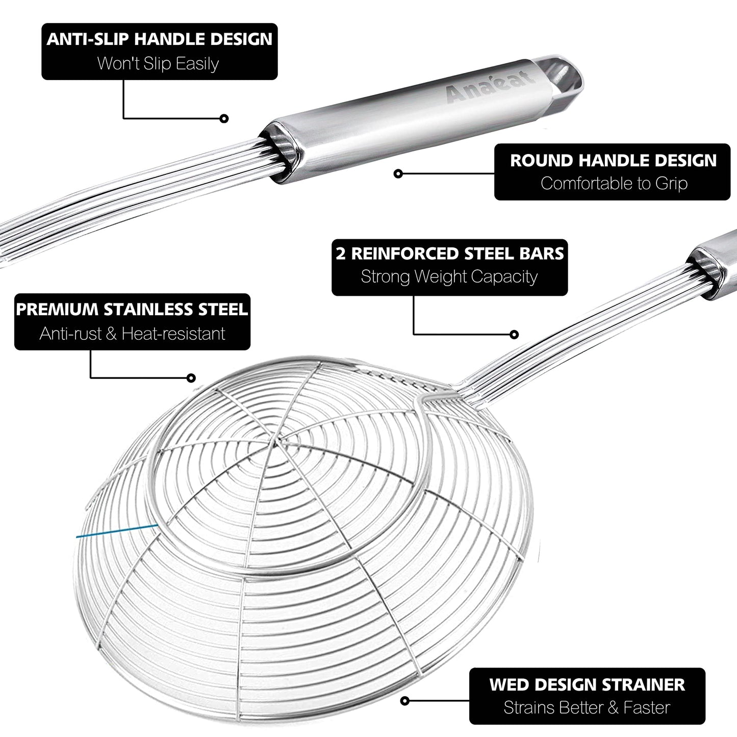 Anaeat Stainless Steel Spider Strainer Skimmer - Solid Kitchen Strainer Ladle with Long Handle for Cooking and Frying, Reinforced Double Coil Slotted Spoons for Pasta, Noodle, Spaghetti (7 Inch)