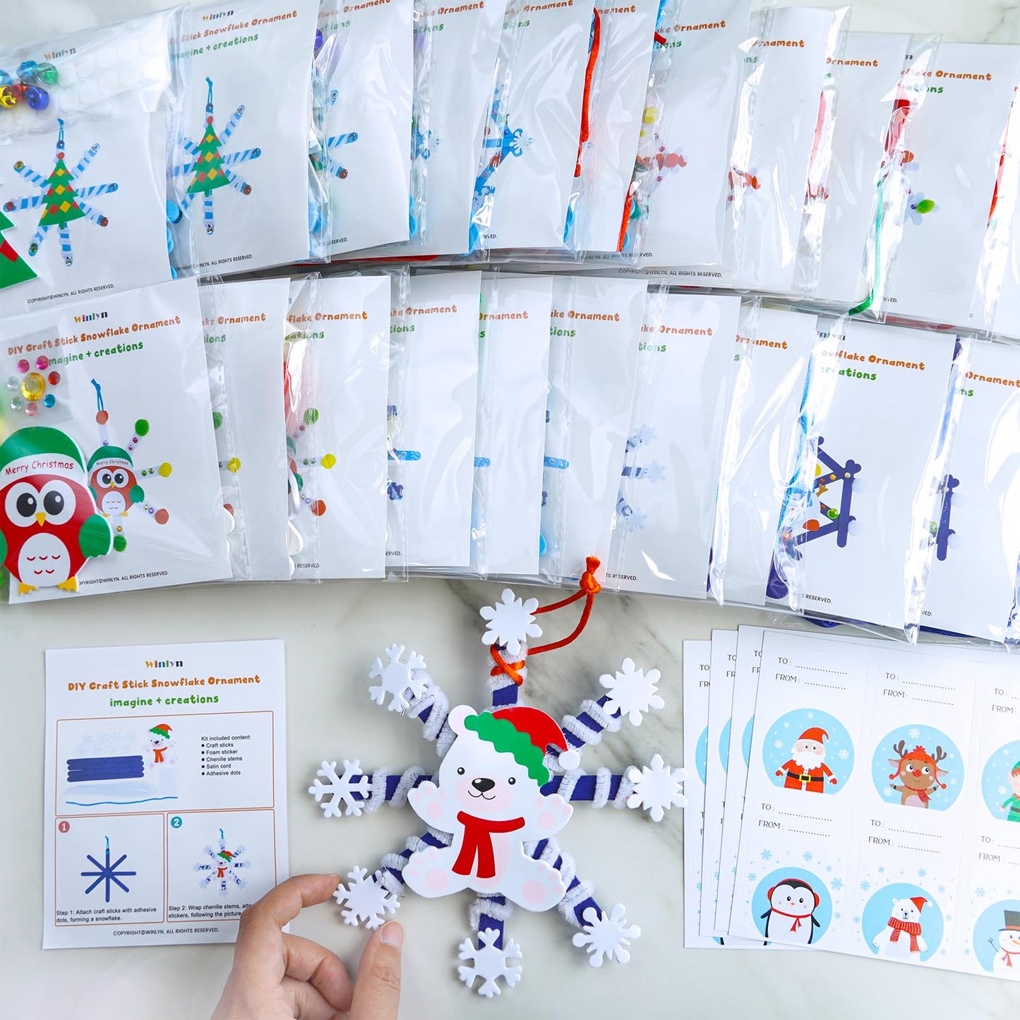 Winlyn 24 Sets Christmas Craft Kits Winter Crafts Popsicle Stick Snowflake Ornaments Decorations Art Sets Craft Stick Snowflake Christmas Stickers for Kids Holiday Classroom Activities Party Favors