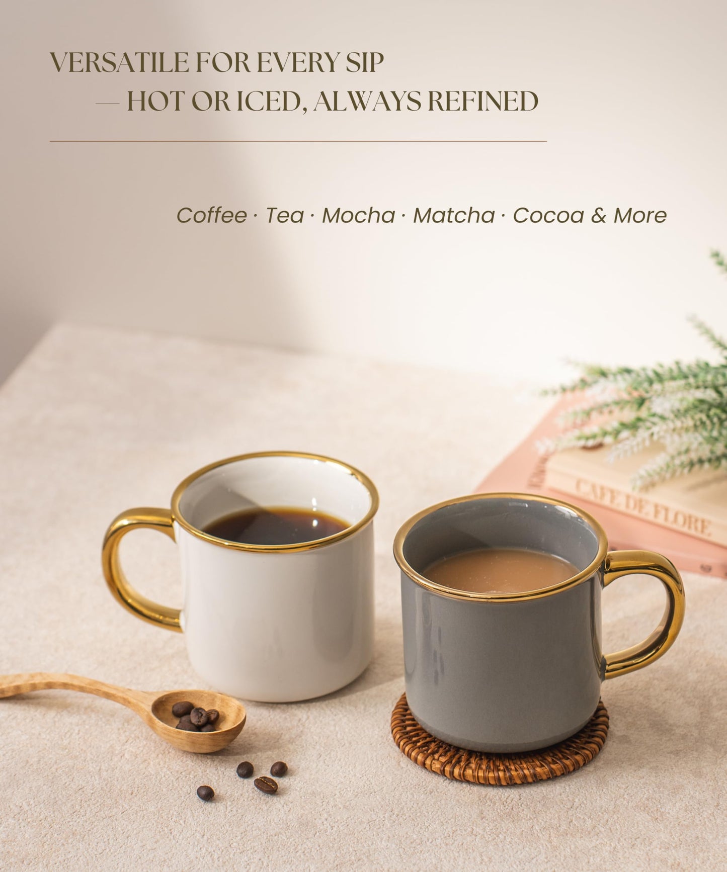 MELETĒ Stoneware Electroplated Mug Set of 4-15oz Ceramic Coffee & Tea Cups with Gold Handle - Perfect for Hot & Iced Drinks - Dishwasher Safe - Modern Chic Design - Ivory White & Gray - Ideal Gift