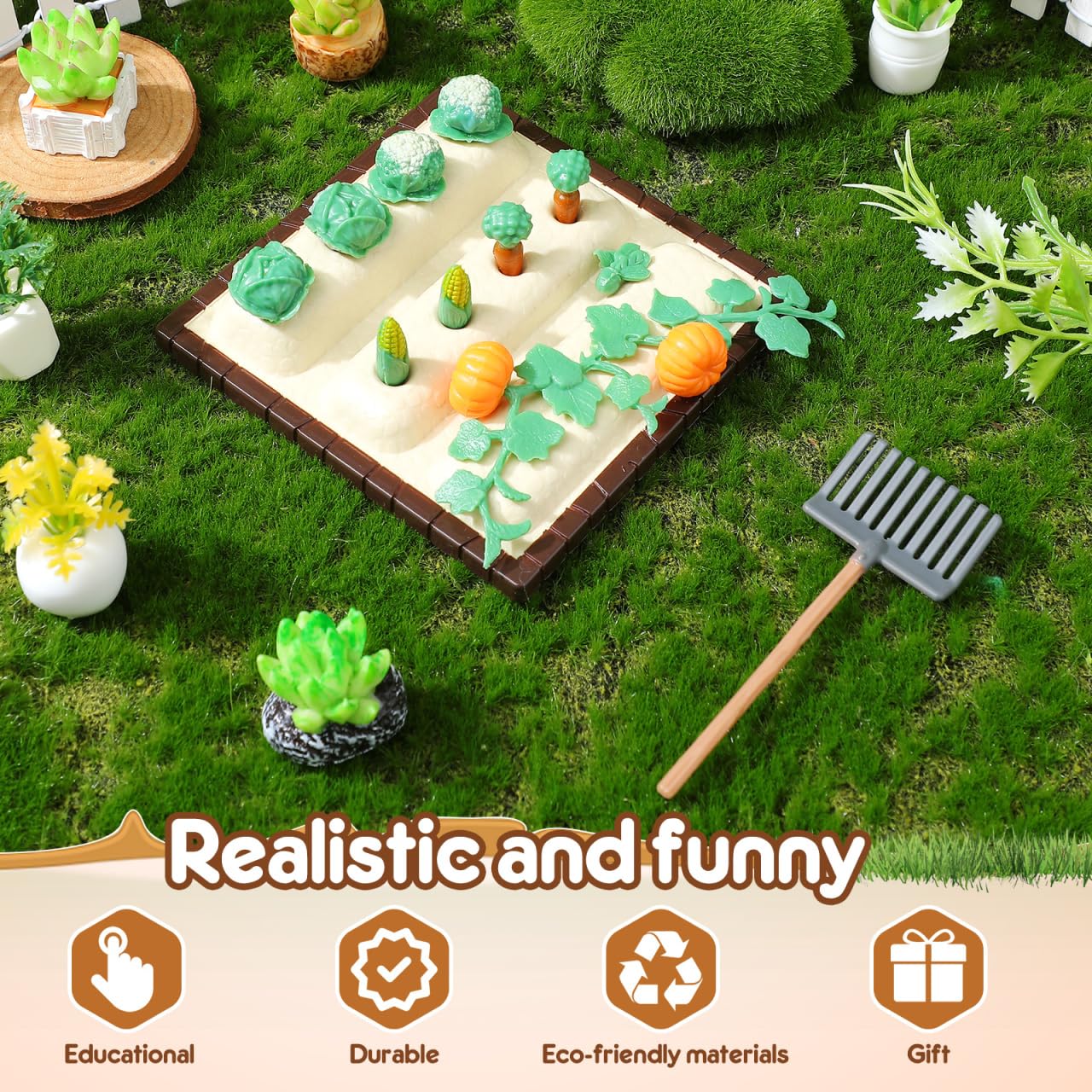 Mini Landscape Vegetable Field Model with 3 Farm Tool Models 1/12 Scale Small Shovel Gardening Tools for Dollhouse Scene Decor 3.54X3.54X0.78 Inch