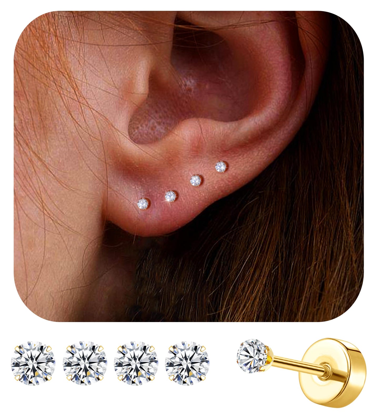 TUPMI 4Pairs 2MM Flatback Stud Earrings for Women Girls Tiny CZ Stud Earring Stainless Steel Hypoallergenic Handmade Screw Back Earrings Set