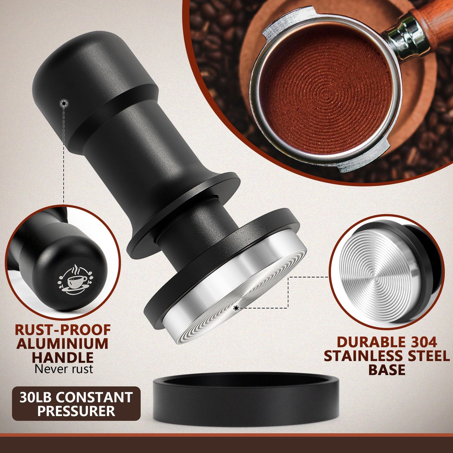 Espresso Tamper 58mm – Fits E61 Portafilter – Compatible With Rocket, Gaggia Classic, Rancilio Silvia, ECM, Profitec, La Marzocco – Spring Loaded Calibrated Self Leveling Coffee Tamper Tool