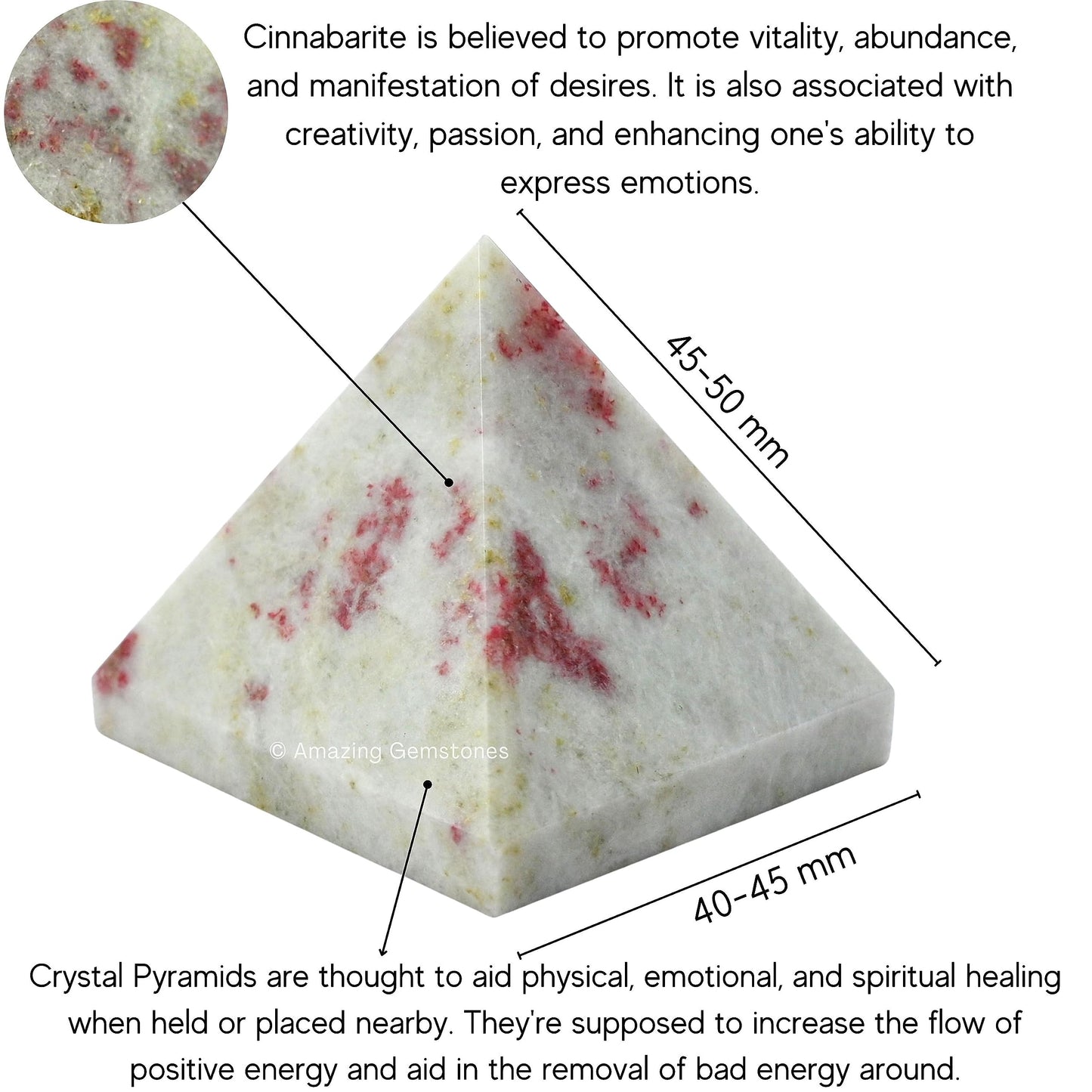 Amazing Gemstone Cinnabarite Pyramid Crystal Healing Stones - 2" Great Pyramid Figurine of Natural Stone Pyramid for Meditation, Reiki, Chakra Balancing and Crystal Pyramids Grid