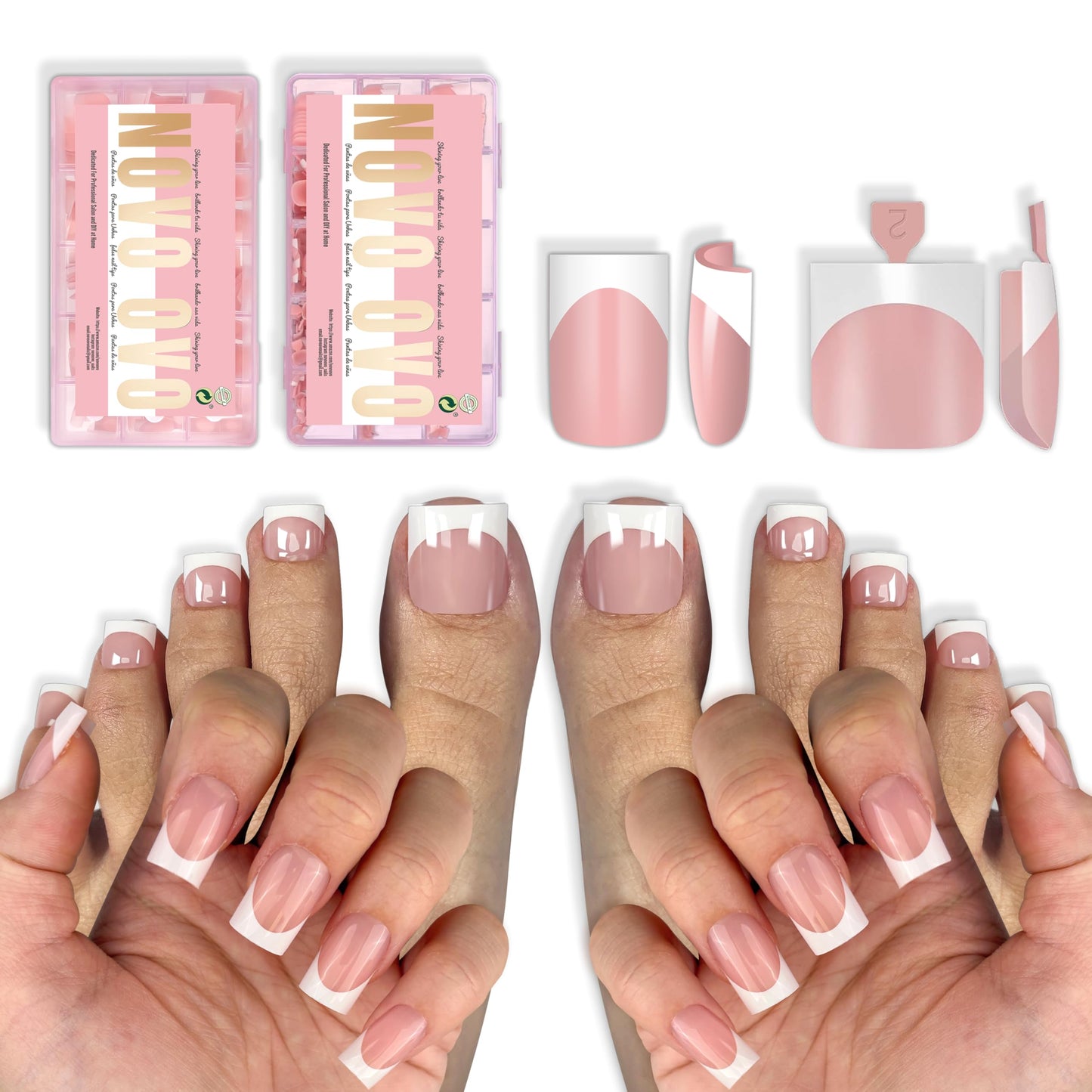 NOVO OVO Short Sharp Square White French Tip Matching Set Nail Tips Press on BABY PINK, Including One Box of Predesigned French Tip Soft Gel x Toe Nail Tips and One Box of Finger Nail tips