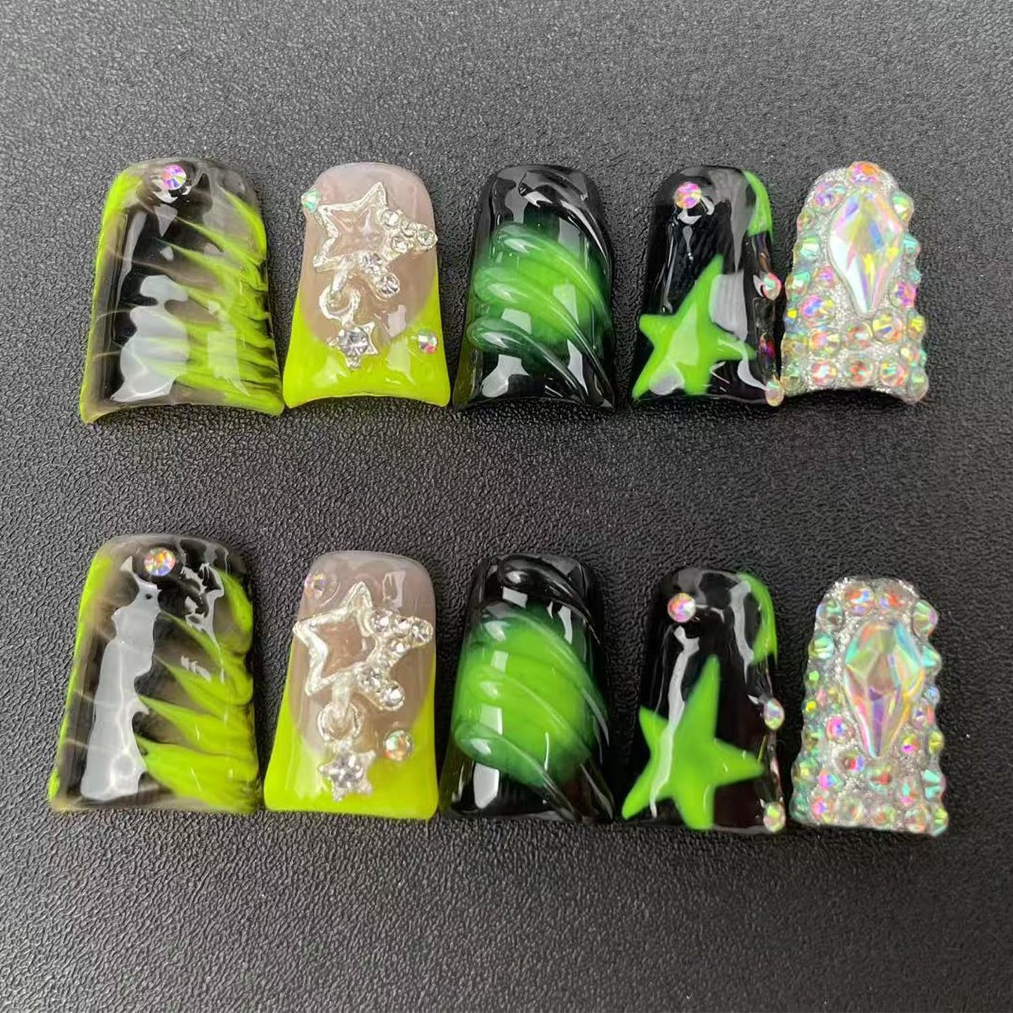 Handmade Press on Nails Medium Duck Nails,Black and Green Fake Nails with Star Rhinestone Design Reusable Acrylic Nature Stick on Nail Y2K False Nails for Wome (Size M)