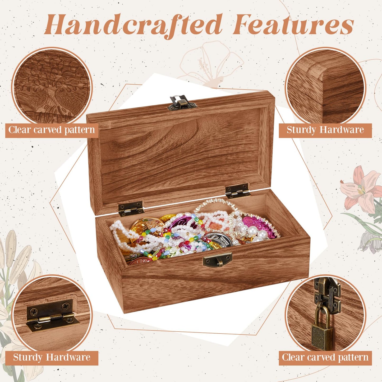 Vicenpal 2 Wooden Tree Keepsake Boxes with Lock, (8x5x3.2 inch & 7x3.7x2.8 inch), Handmade Decorative Treasure Chest Box, Gift Ideas for Men & Women Jewelry Rings Storage