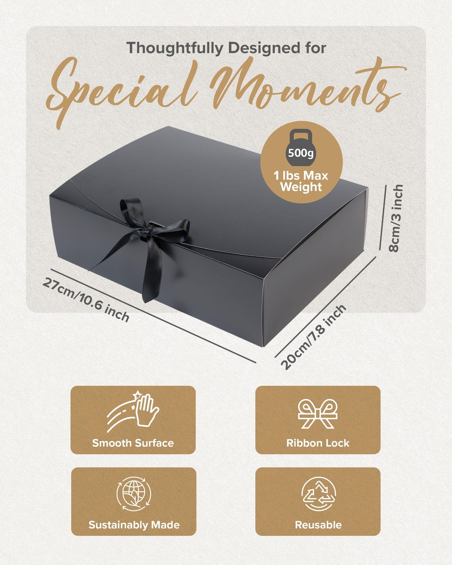 HummingBox Black Gift Box Set of 16 - Gift Boxes for Presents & gifting on weddings, birthdays & more - Easy to Assemble Black Gift Boxes With Lids & Ribbon Closure - Decorative Boxes With Lids