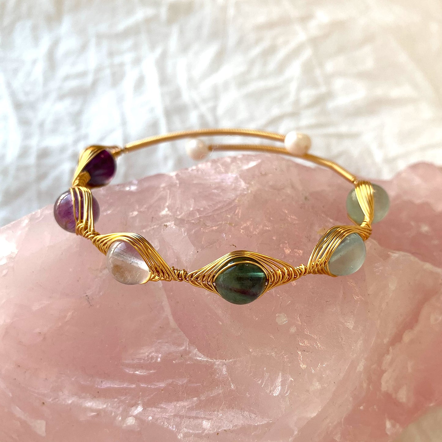 Handmade Genuine Rainbow Fluorite Stones 14k Gold Filled Wire Wrapped Bracelet, Evil Eye Birthstone Chakra Soothing Crystal Beads Adjustable Bangle Cuff Jewelry Gift for Women