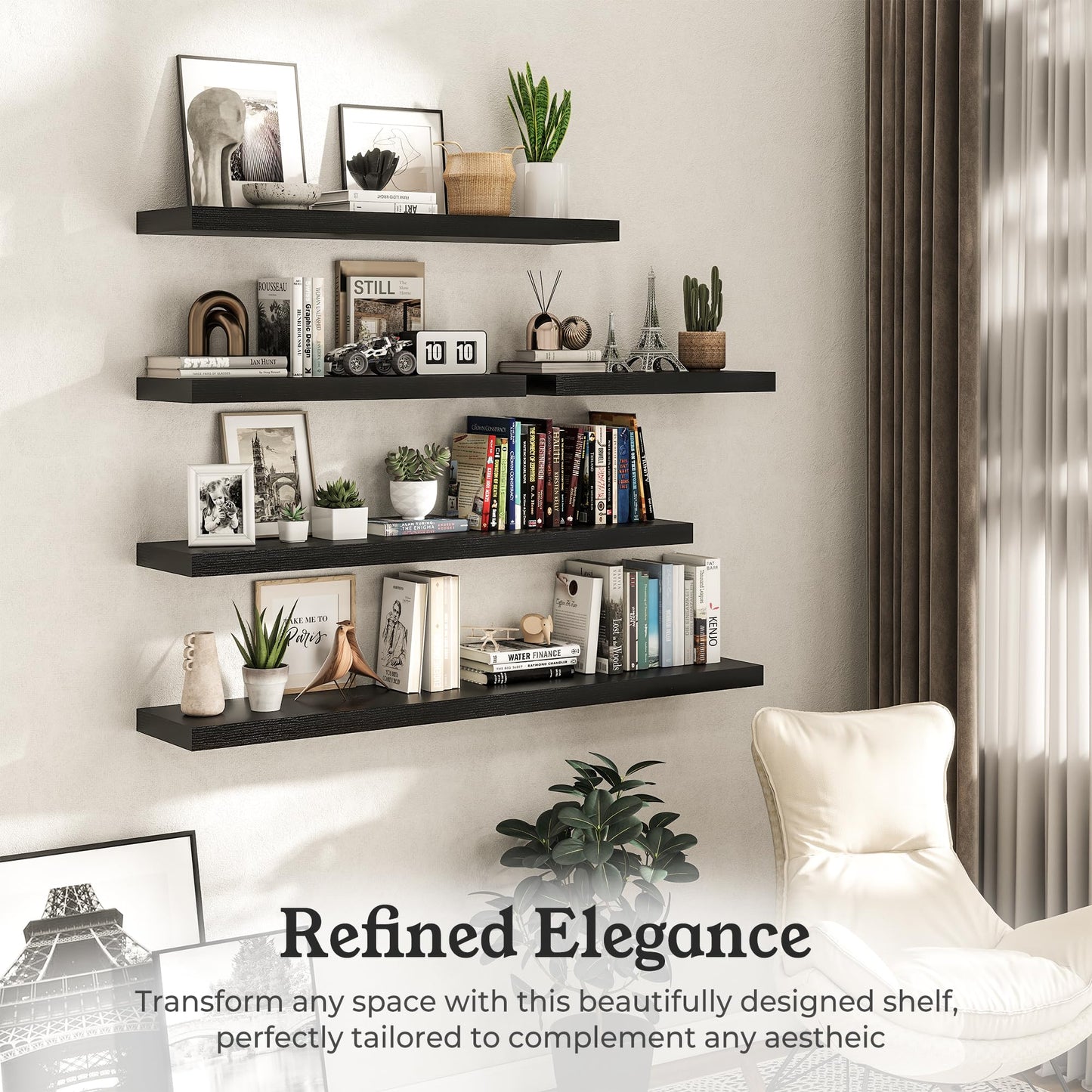 Ornawit Floating Shelves for Wall, 9.3" Deep Wall Mounted Wood Shelves for Bathroom, Bedroom, Living Room, Kitchen, Hanging Shelf for Books/Storage/Room Decor (Black, 24")