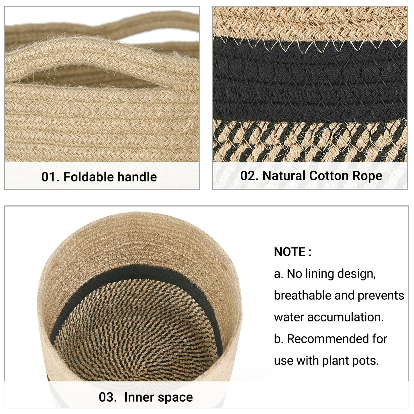 Dahey Jute Rope Plant Basket Modern Woven Storage Basket for 10.5" Indoor Planter, Decorative Flower Pots Cover Laundry Bin with Handle Rustic Home Decor, Black