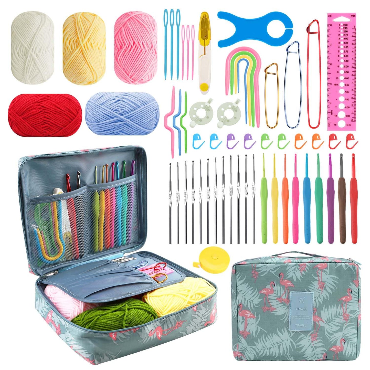 58pcs Crochet Kit Beginners, Crochet Hook Set with Yarn, Portable Crocheting Kit for Starter, Ergonomic Crochet Needles Tools DIY Knitting Accessories for Experienced Crochet Lovers, Flamingo