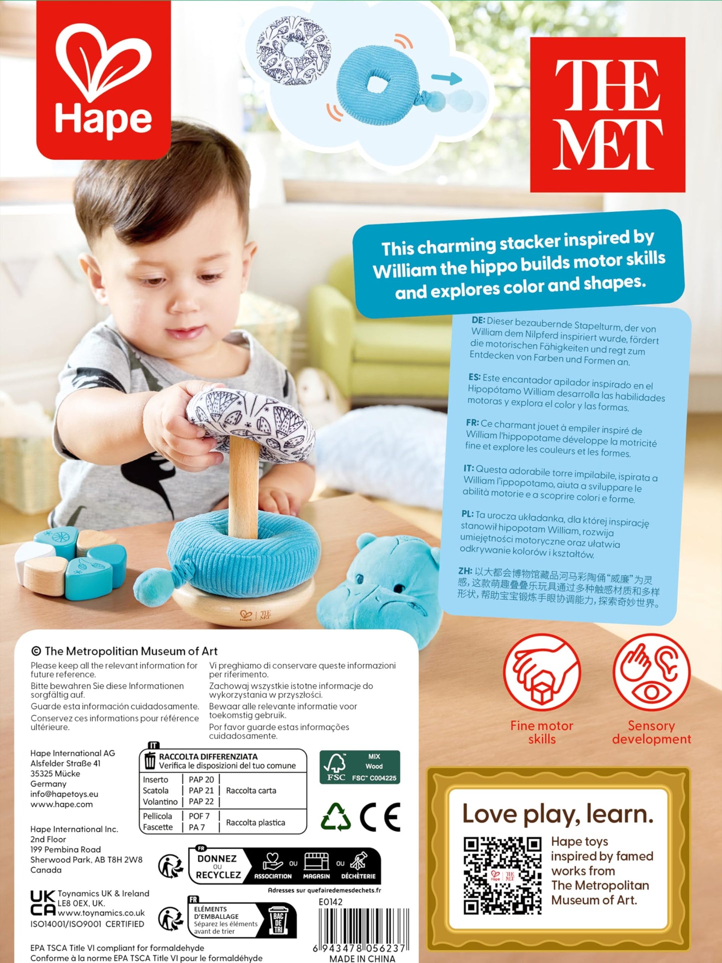 Hape x The Met William the Hippo Baby Stacker – Art-Inspired Stacking Toy for Ages 10-24M – Develops Fine Motor Skills, Colors & Shapes