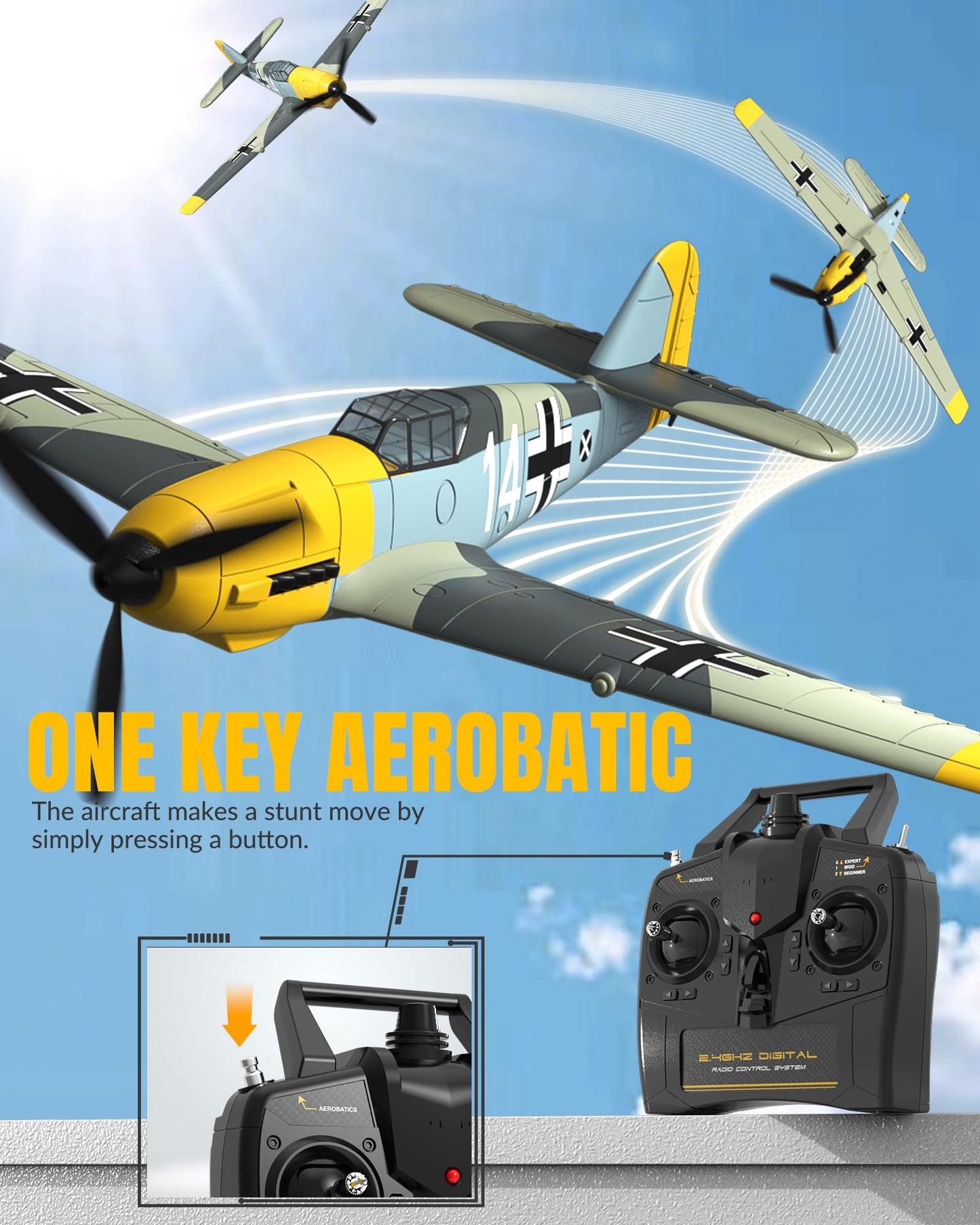 volantexrc RC Plane, 4 Channel Remote Control Airplane BF109 Fighter RTF with Aileron, Gyro, Aerobatics & 3 Modes Easy to Fly, Hobby Radio Controlled Aircraft for Beginners & Adults (Yellow)