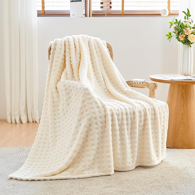 NEWCOSPLAY Super Soft King Blanket Ivory Premium Silky Flannel Fleece 3D Waffle Checkered Lightweight Bed Blanket All Season Use (Ivory, King(90"x110"))