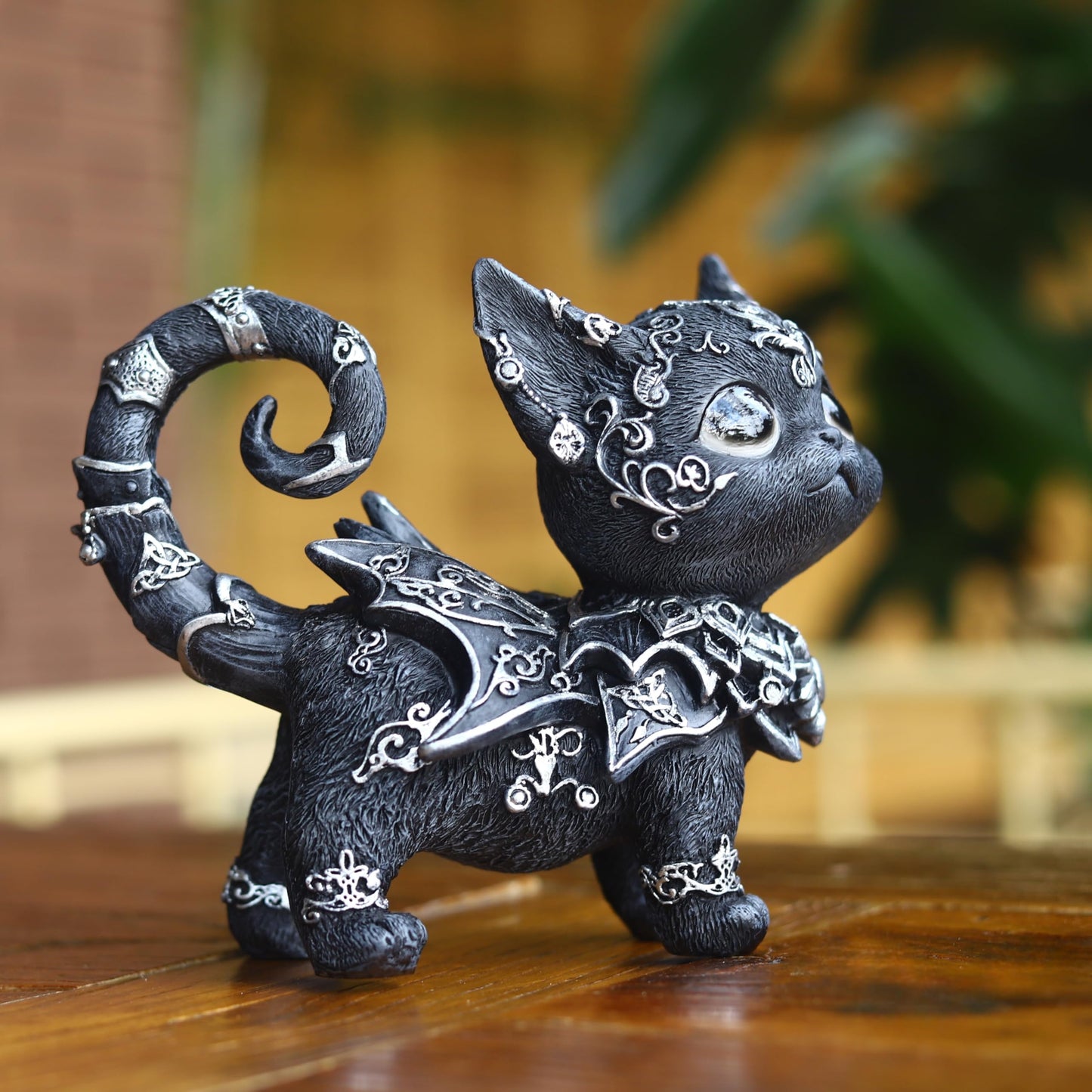 SACOJUCHY Mystical Black Cat Statue Elegant Silver Accented Kitten Sculpture Intricate Gothic Home Decor Enchanting Figurine for Cat Lovers, Witchy Aesthetic, & Unique Gifts