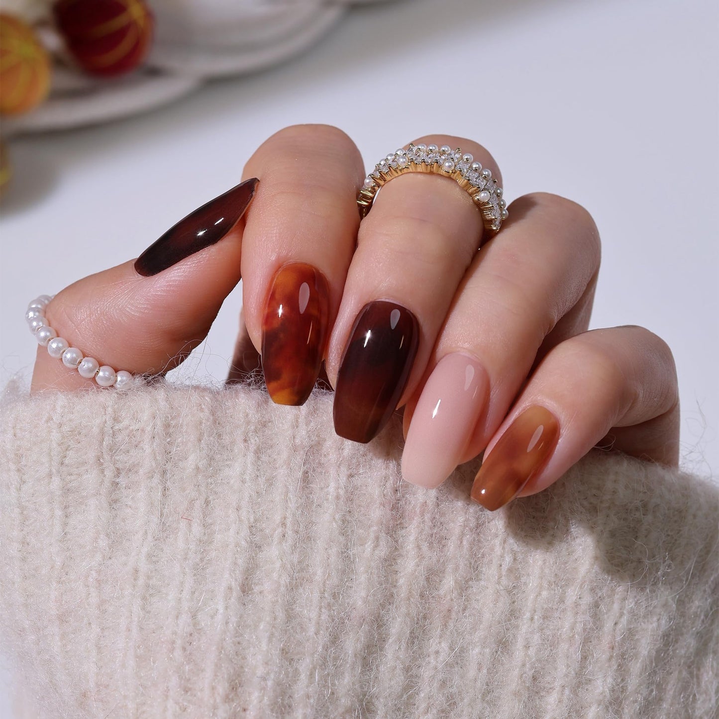 Heyhae Semi Cured Gel Nail Strips | No LED Lamp Needed | Fall, Marble, Brown | Easy Apply & Remove, Salon Quality | Includes 28 Strips, 1 Prep Pads, Nail File & Wooden stick - Hey, Let’s Get Cozy