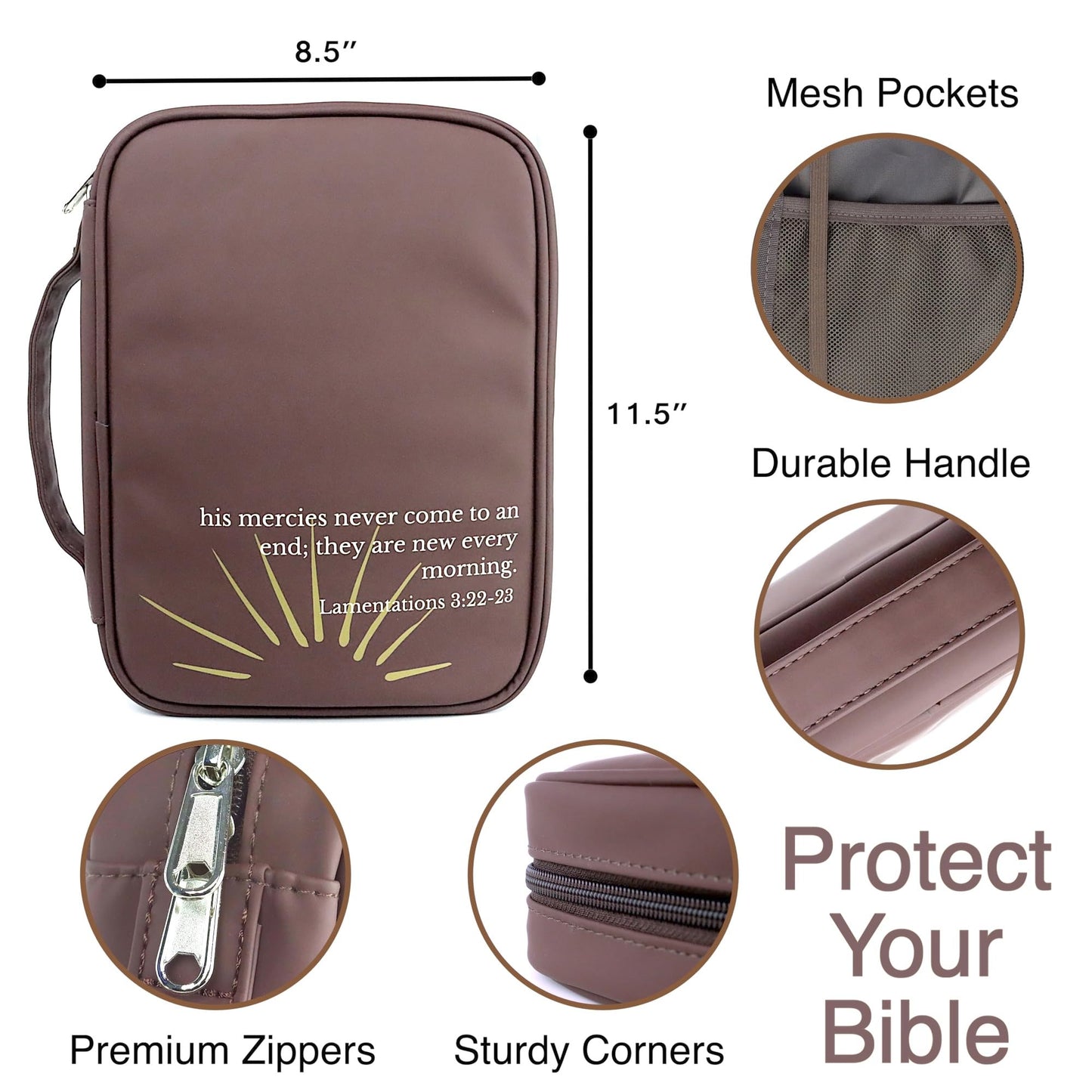 Bible Cover Dark Brown Vegan Leather with Scripture Verse Durable Bible Case with Elastic Page Holders Zipper Pocket Multiple Storage Options for Pens Notepad