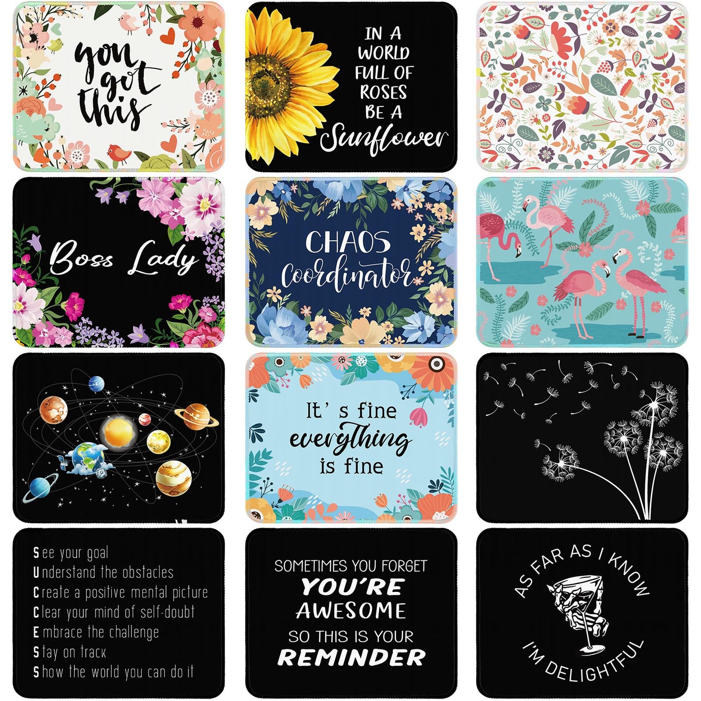 Kanayu 12 Pcs Inspirational Mouse Pad Bulk Fun Floral Mouse Pad with Motivational Quotes Square Non Slip Rubber Mousepad for Desk Office Home Laptop Computer