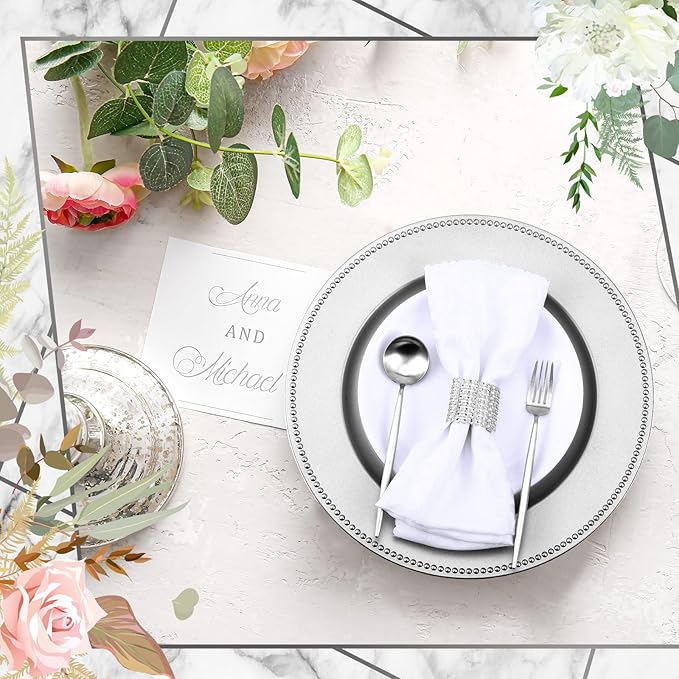 Tanlade 100 Pcs Charger Plates Bulk with Napkin Rings Set Include 50 Plastic Beaded Plate Chargers 50 Napkin Rings 13'' Round Dinner Plate Chargers Set for Table Setting Wedding Party(Silver)