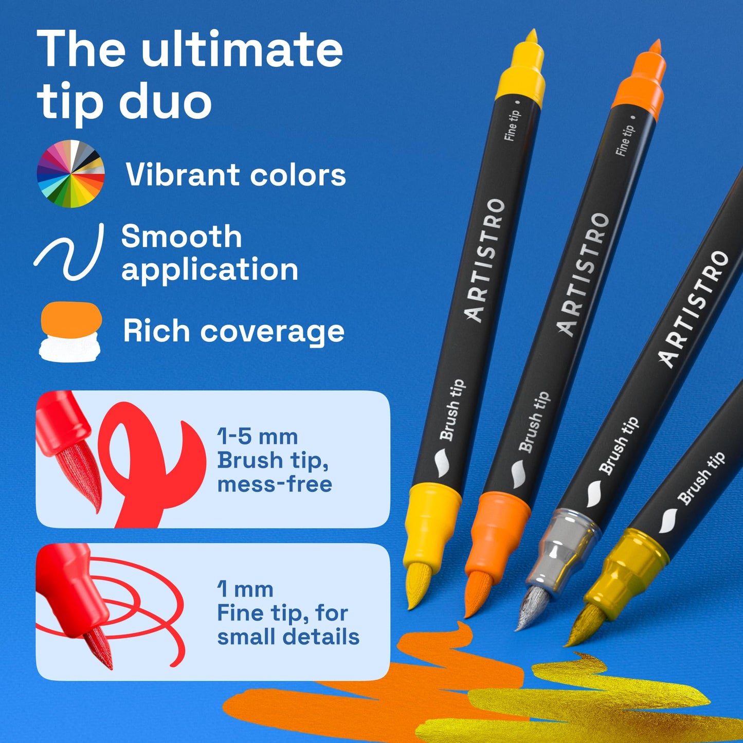 ARTISTRO Acrylic Paint Pens With Storage Bag for Calligraphy - Markers With Brush and Fine Precision Tips - Multisurface Painting for Fabric, Rock, Glass, and More (72 Markers, Dual Tip Brush + Fine)