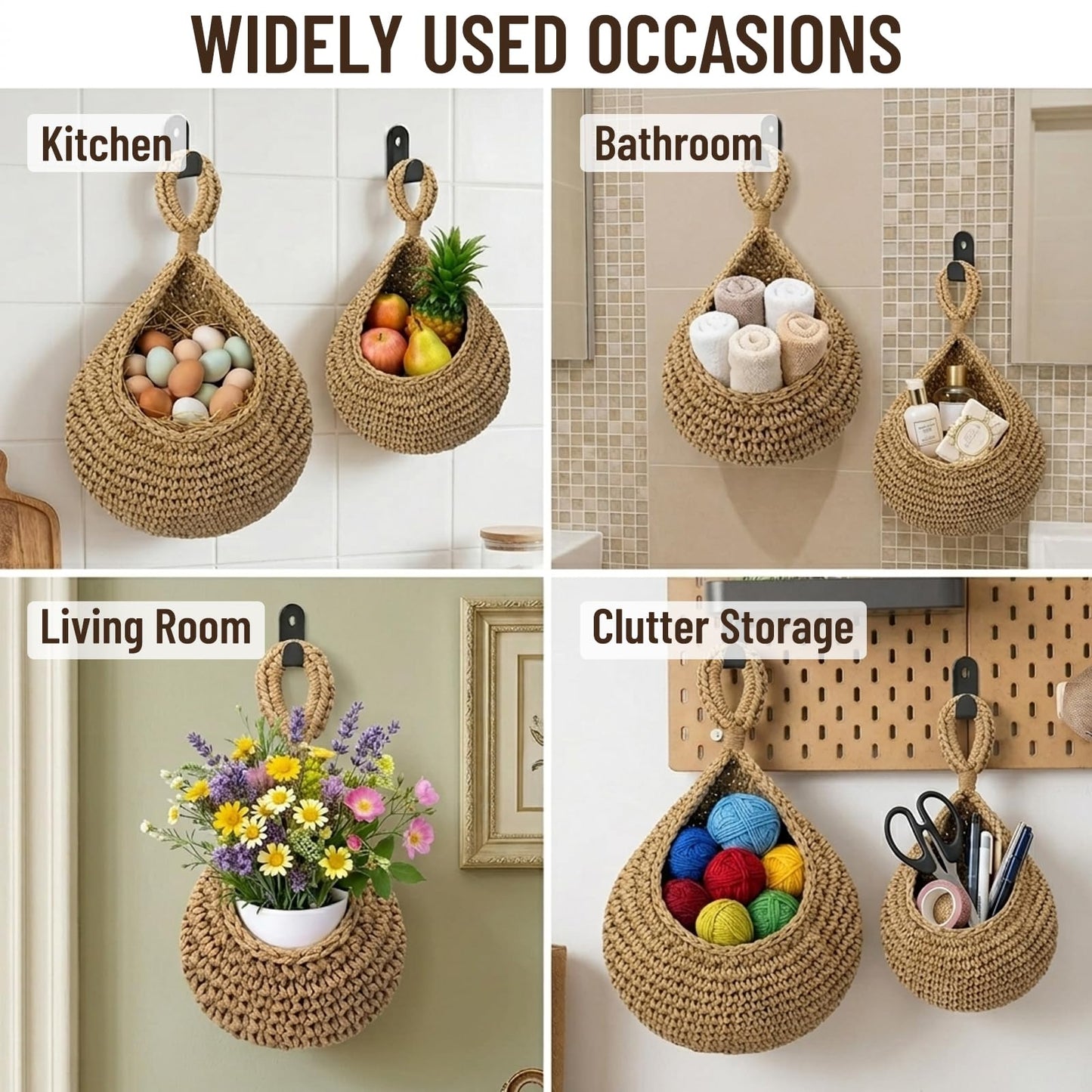 4 Pack Boho Decor Hanging Baskets for Kitchen, 4 Sizes Teardrop Wall Baskets with Hooks for Home Storage Fruit Vegetable