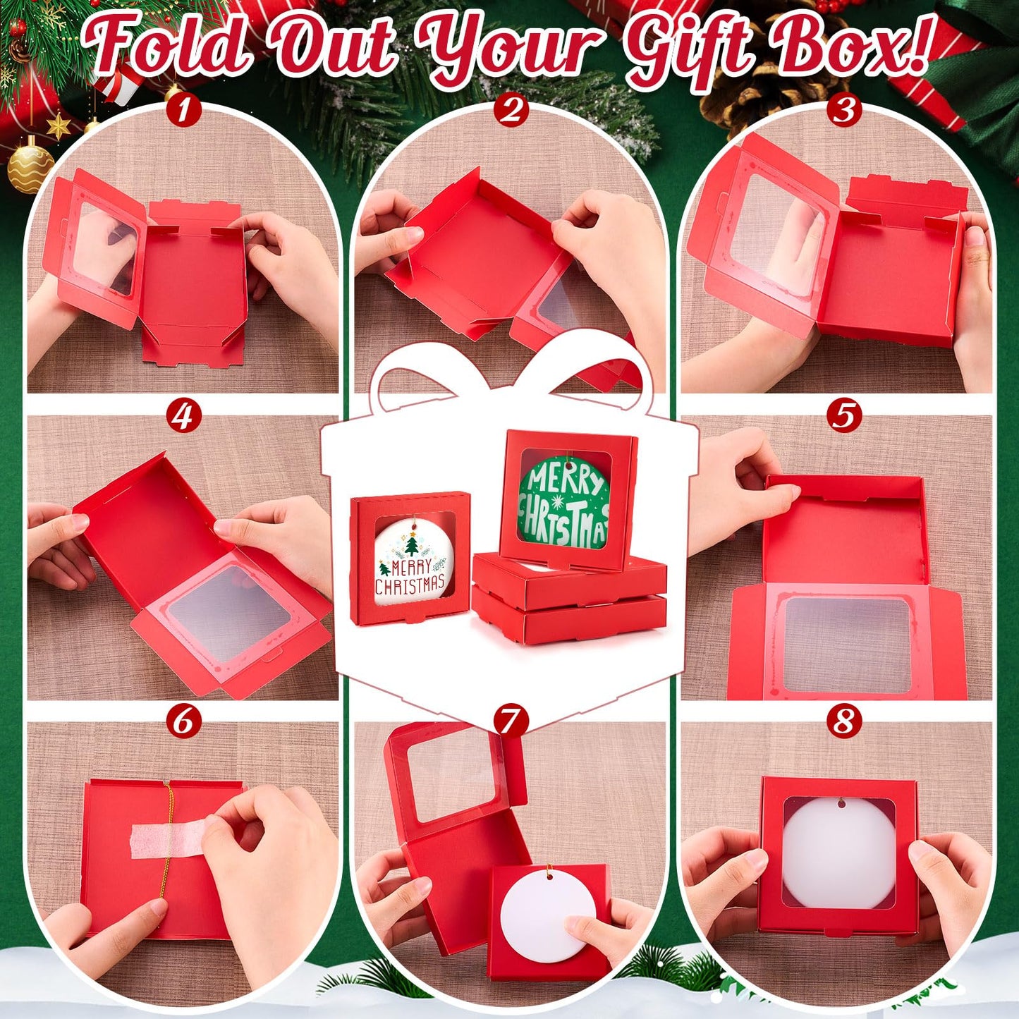 Dunzoom 50 Pcs Sublimation Ornament Blanks Gift Box 3.6"x3.6"x0.7" Christmas Ornaments Holder Ceramic Discs Packaging Box with Window for Personalized Xmas Tree Blanks Bulk (Red)