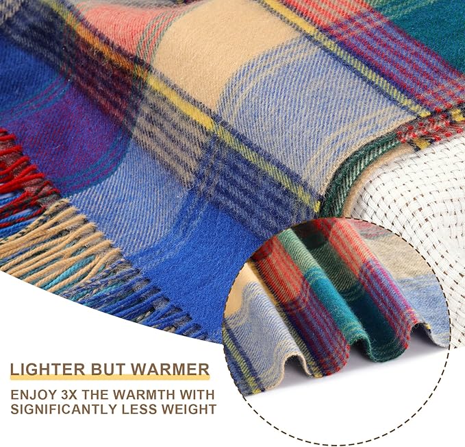 Throw Blanket Plaid with Carry Bag | Soft Wool Travel Blanket 55"x83" 1.5lbs | Navy Red Plaid Decorative Throw for Couch, Camping & Gift