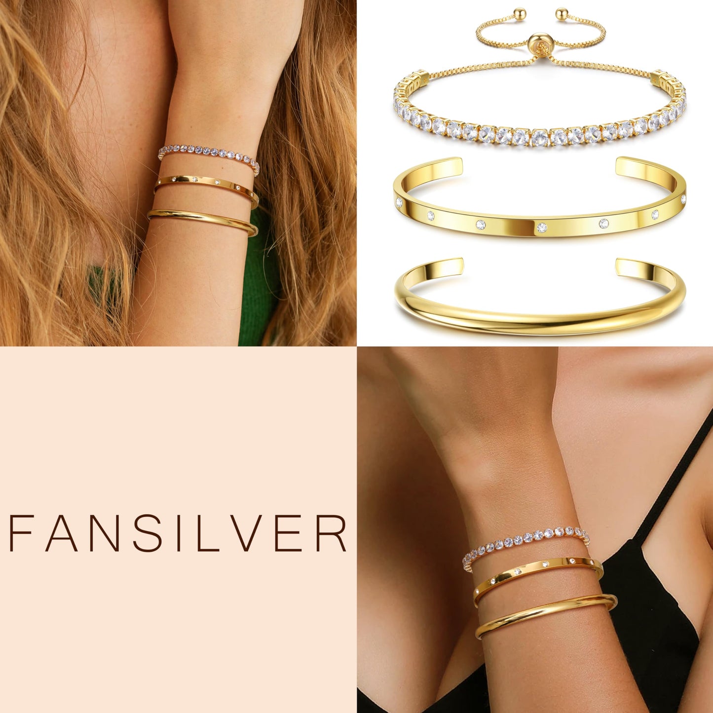 Fansilver 3PCS Gold Bracelets Set - 14K Gold Plated Link, Cuff, Bead Ball, Twisted Chunky Bangle Stackable Bracelets