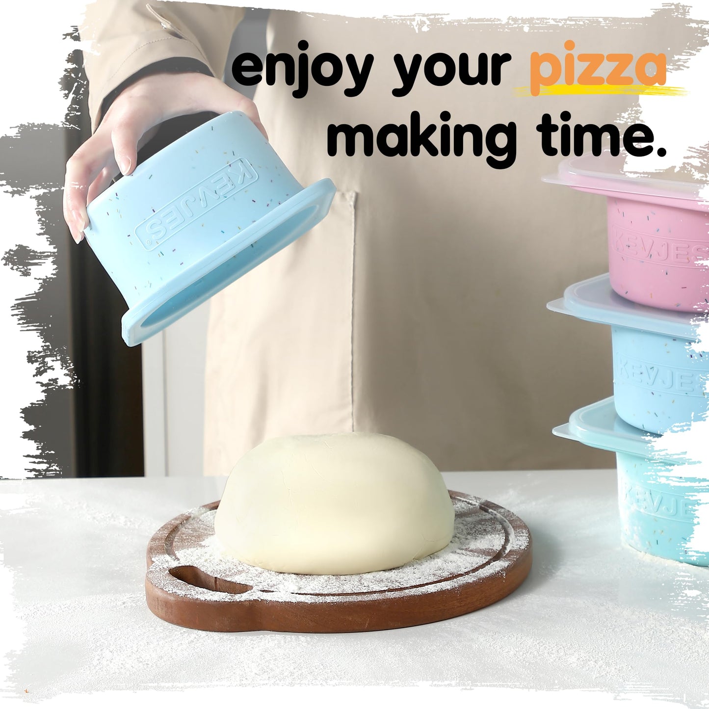 KEVJES PLUS 1000ml Pizza Dough Proofing Containers for DIY family Artisan Pizza, Food Grade Silicone Stackable Boxes with Lids, Freezer, Fridge, Dishwasher Safe-Sprinkles Pattern-3 Pack (Aqua)