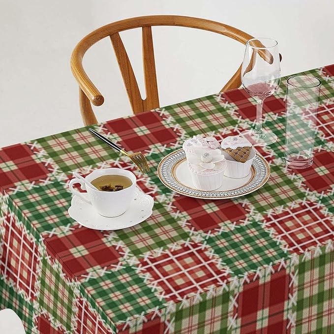 YCness Patchwork Geometric Grids Tablecloth, Christmas Seasonal Colorful Red Green Table Cover for Dinner Birthday Holiday Party Kitchen Colorful Red White Table Decor 60x120 Inch Rectangle