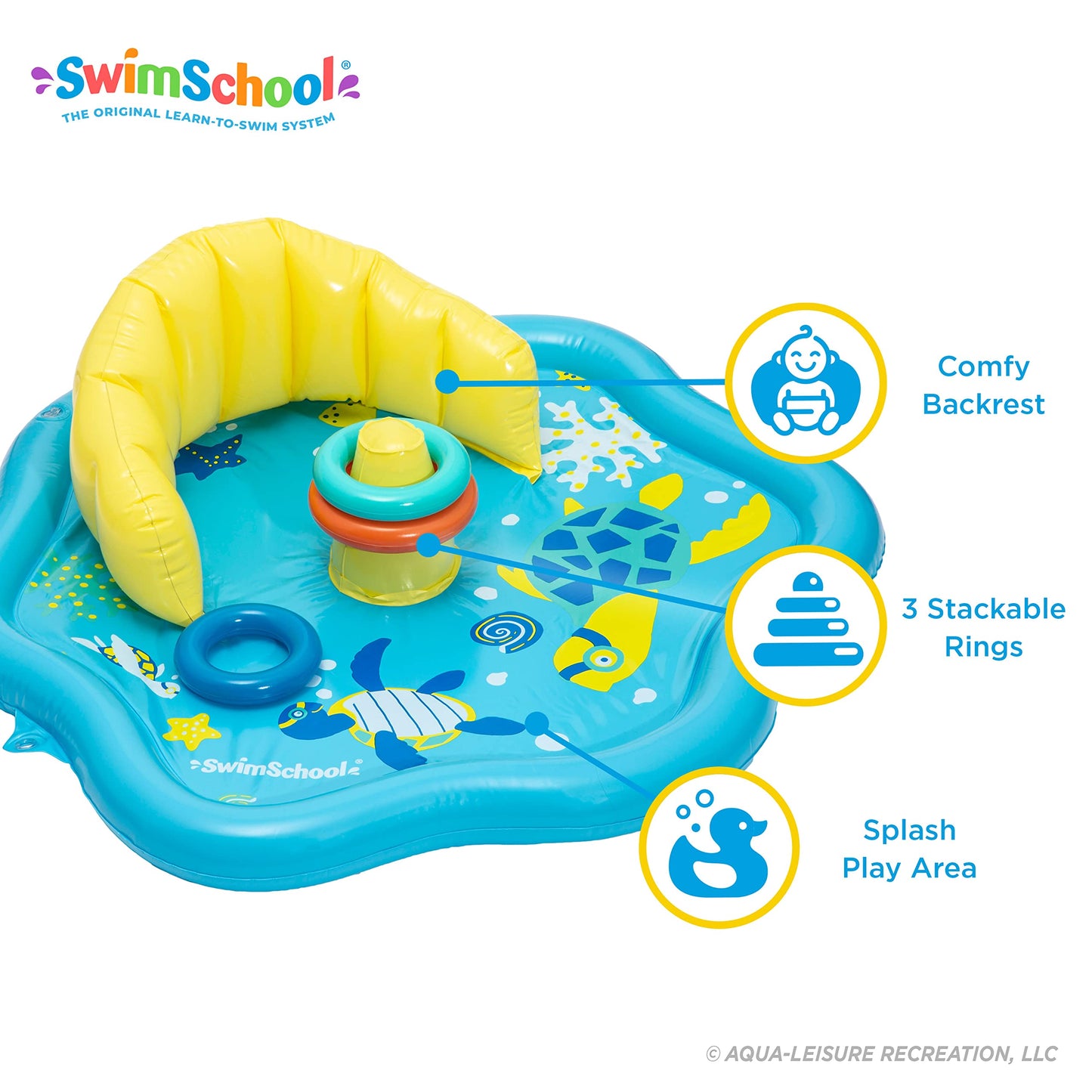 SwimSchool Baby Splash Play Mat – Inflatable Play Pool for Babies & Infants with Backrest – Includes Baby Water Toy Rings– Seafoam Blue Lemon