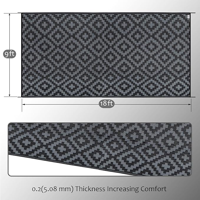 SAND MINE Waterproof Outdoor Rug 9x18 ft, Plastic Reversible Rug, Modern Area Rug, Large Floor Mat for Outdoors, RV, Patio, Backyard, Deck, Picnic, Beach, Camping, Black Grey Lattice