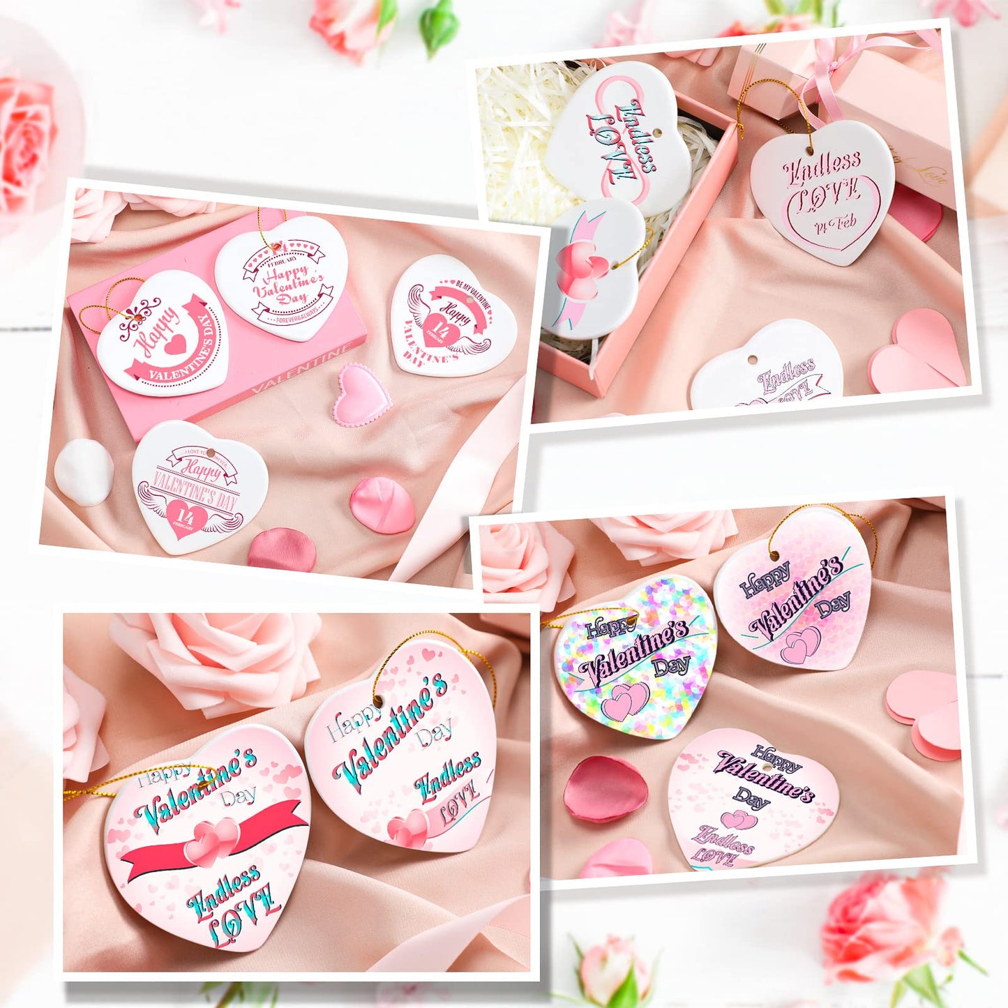WILLBOND Heart Sublimation Blank Ceramic Ornament 3 Inch White Heart Ceramic Ornament with Gold String for Valentine DIY Crafts Valentine's Day Personalized Decorations