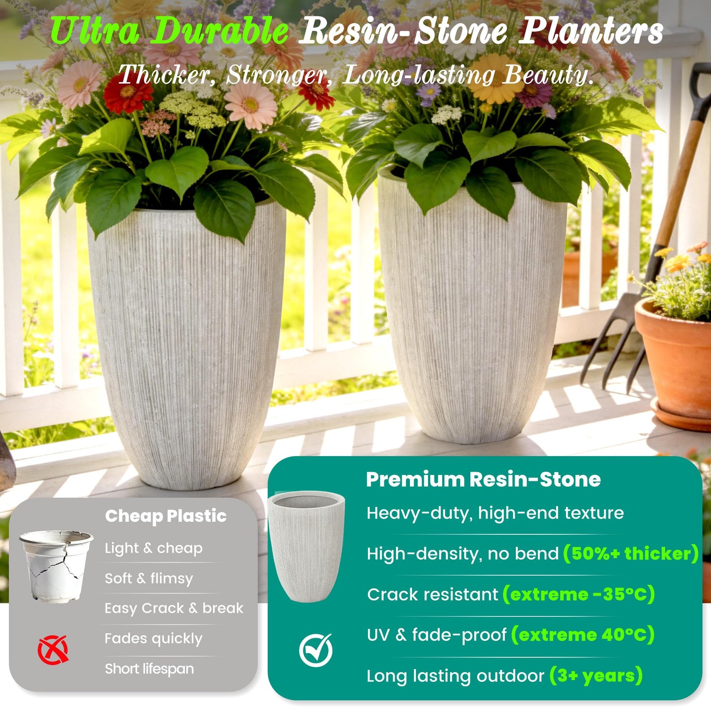 Ultym 19" Tall Beige Fluted Planters for Indoor & Outdoor, Set of 2 Large Mediterranean-Style Resin Flower Pots with Drainage Holes, UV & Weather Resistant for Patio Porch Home Office Decor