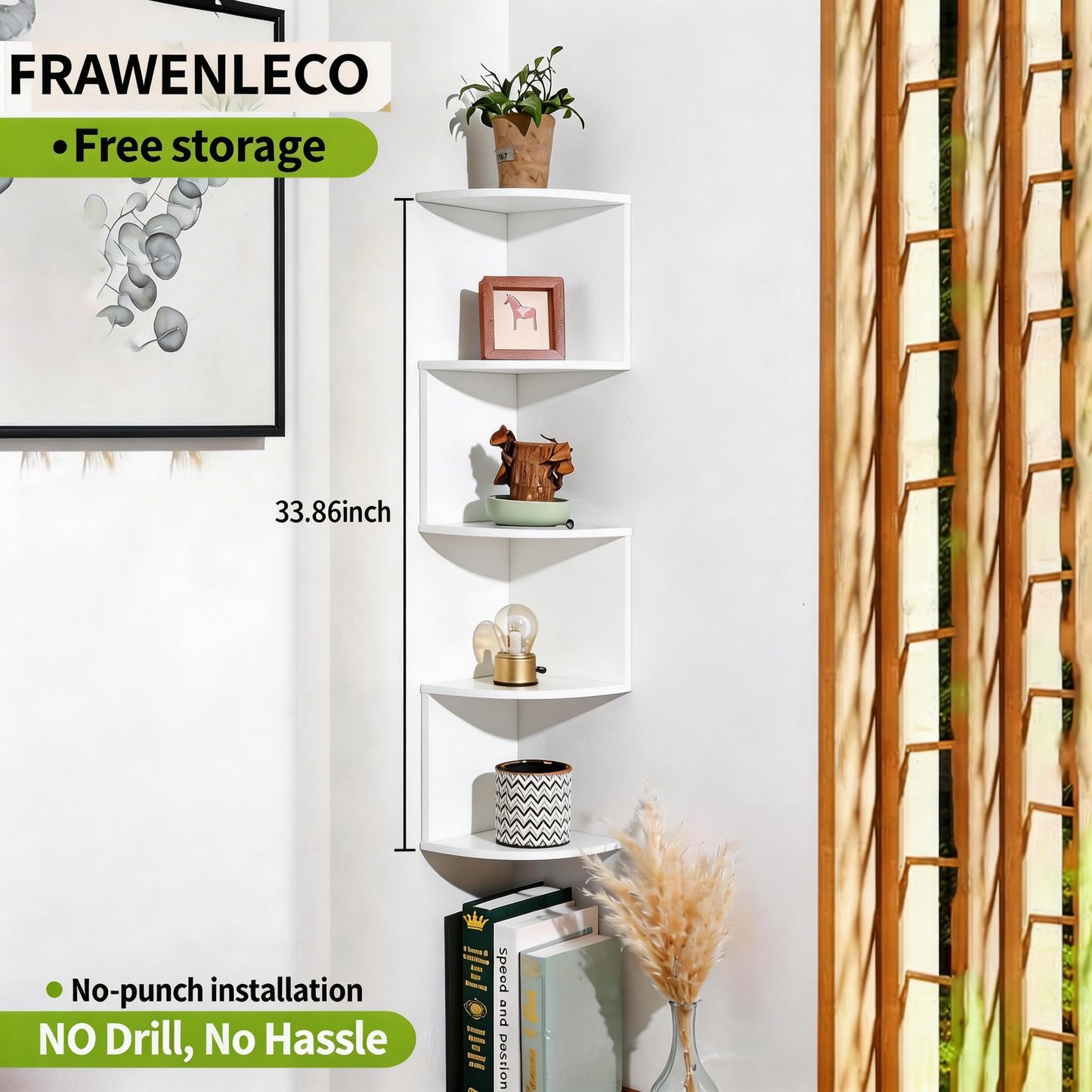 FRAWENLECO No-Drill Modern Corner Shelf Wall Mount, 5-Tier Floating Storage Rack, Corner Bookshelf with Hooks, Space-Saving Zigzag Plant Shelf for Bedroom, Living Room, Bathroom, Home Office(White)