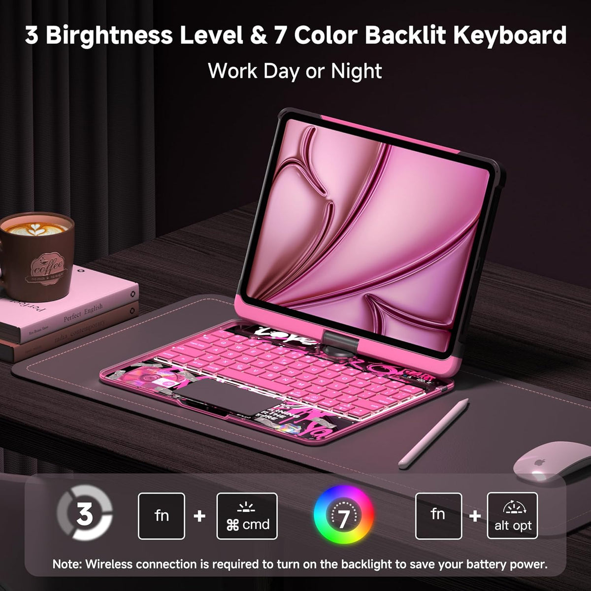 iPad Keyboard Case for iPad 10th Gen (2022) & 11th (A16, 2025), Magic Wireless Keyboard with Trackpad 7 Color Backlit, 360° Rotating Stand Transparent Protective Cover with Pencil Holder (Pink)