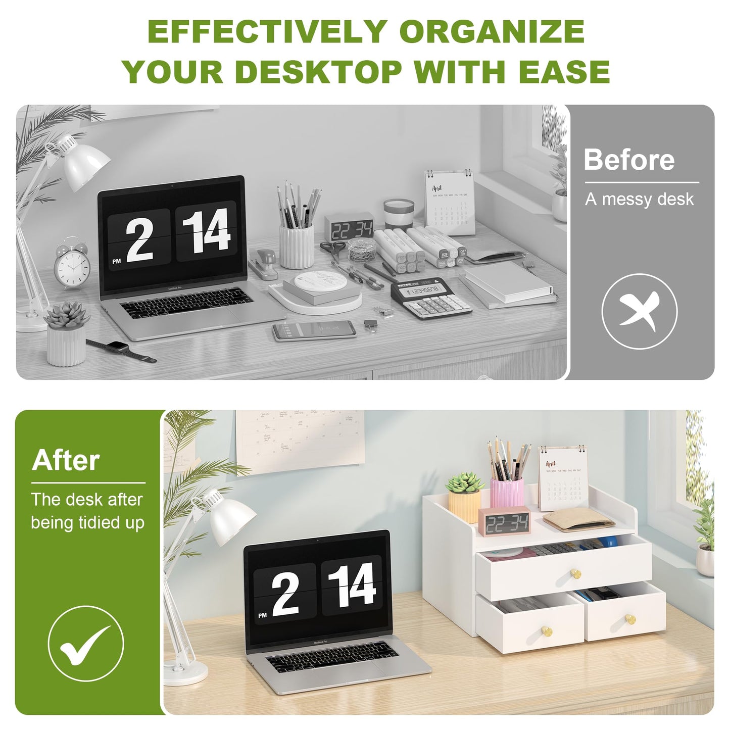Bamboo Desk Organizer with Drawers Wooden Desktop Storage Drawers for Bills Office Supplies Kitchen Utensils Organizing Tool for Home Classroom Organization No Assembly (White, 3 Drawers)