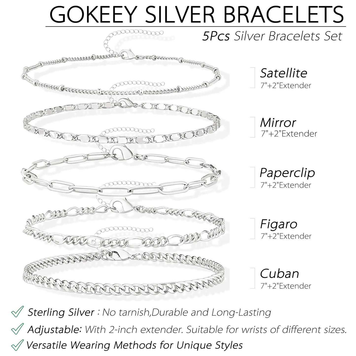 Gokeey Sterling Silver Bracelets for Women Non Tarnish, Stackable Silver Dainty Figaro Paperclip Cuban Link Chain Bracelet Stack Set Pack for Women Trendy Simple Silver Jewelry Gifts