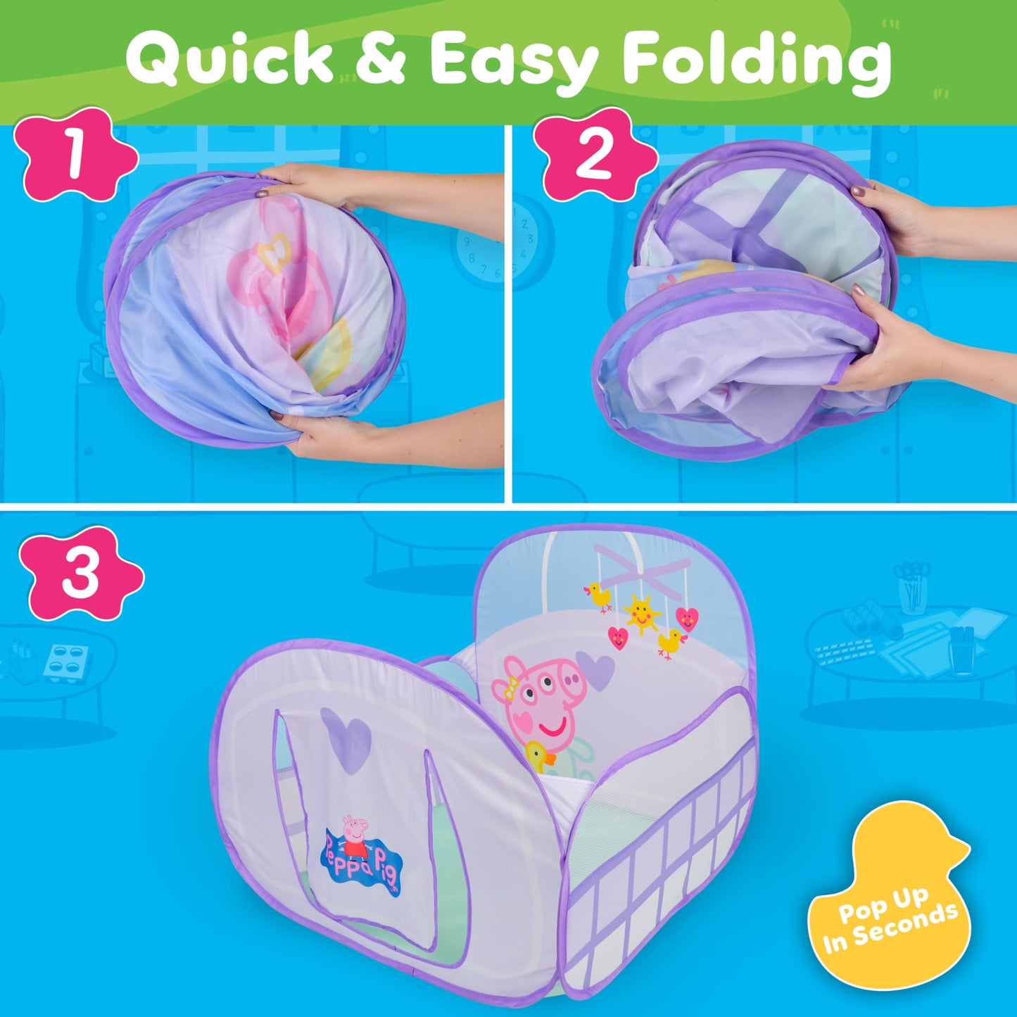 Peppa Pig Ball Pit Crib, Large Pop Up Tent with Crawl Through Opening, Includes 20 Duck Shaped Play Balls, Toddlers 2+