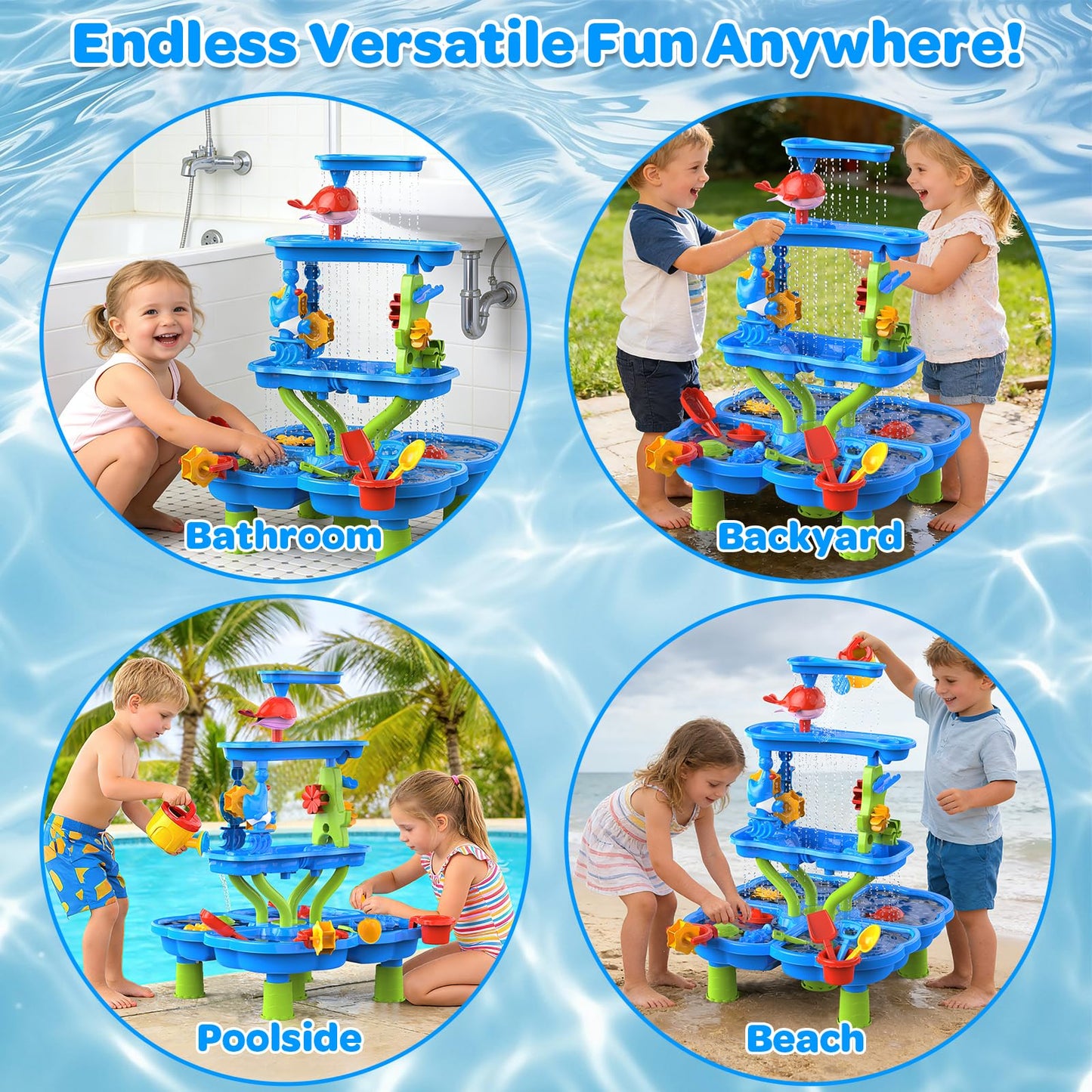 DUONIZAY Water Sand Table for Toddler Kids - 4-Tier Multifunctional Summer Toys,Outdoor Backyard Beach Playset with Stable Design,Sensory Learning Activity Game Gift for Boys Girls(Ocean Blue)