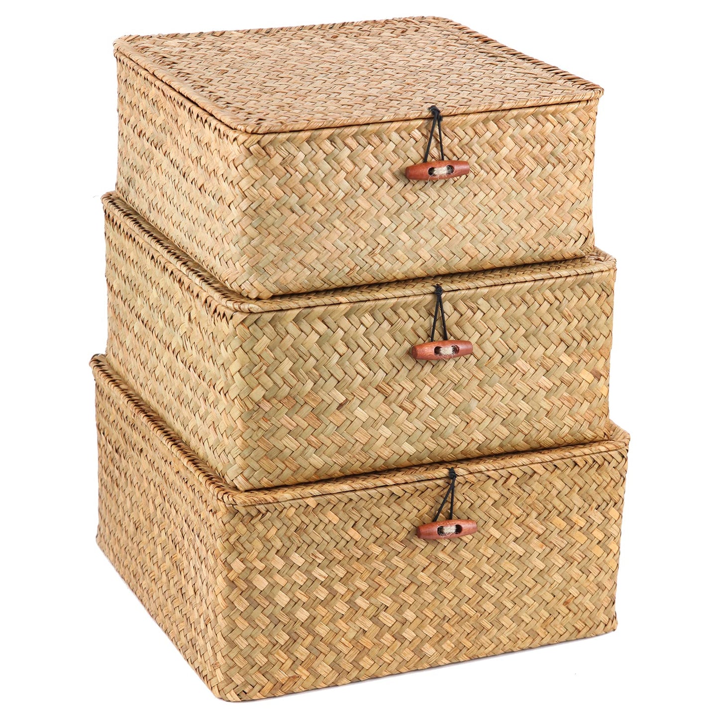 SHEYRAJIIA 3-Pack Cube Seagrass Storage Bins with Lids - Sturdy Reinforced Metal Frame Woven Boxes - Stackable Organizers for Closet, Bathroom & Office Shelf