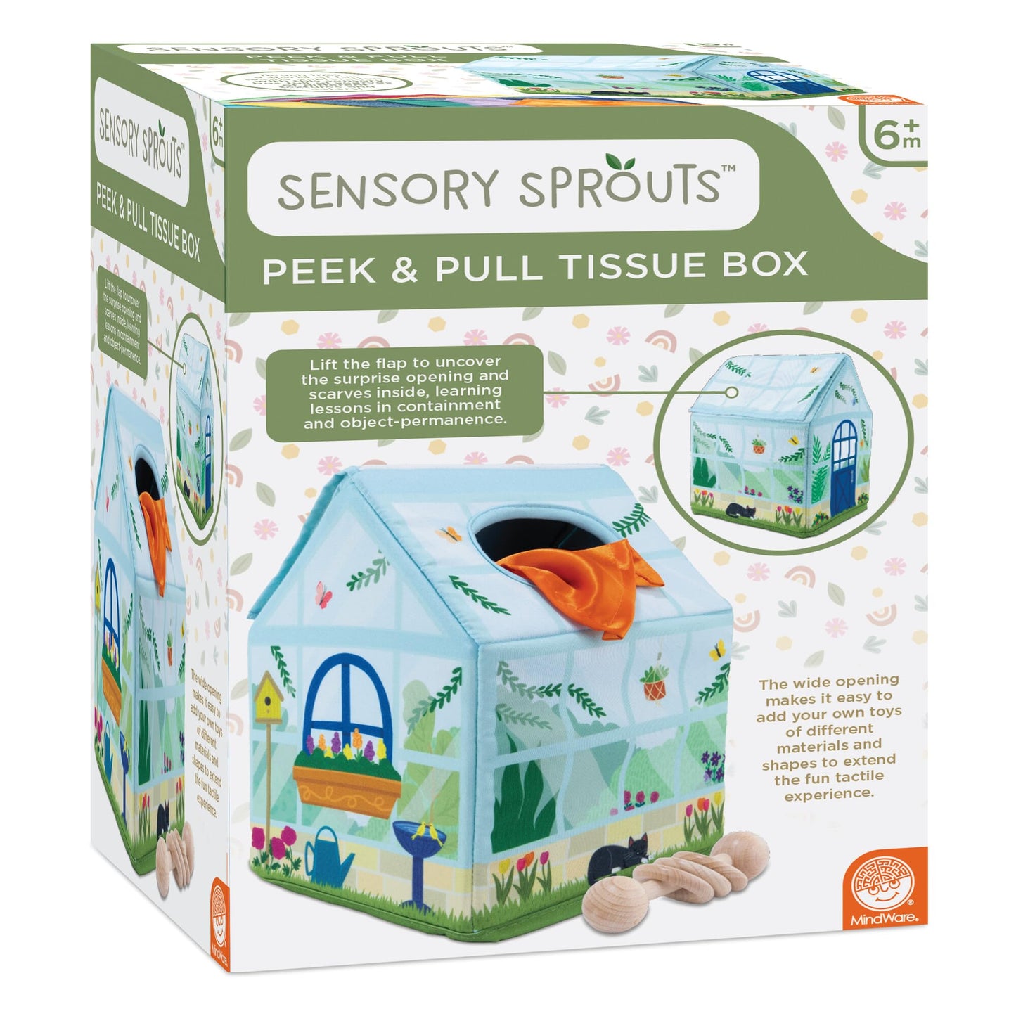 MindWare Sensory Sprouts Tissue Scarf - Montessori Toys for Babies 6-12 Months - Soft Greenhouse-Shaped Tissue Box and 12 Sensory Scarves Featuring Different Textures