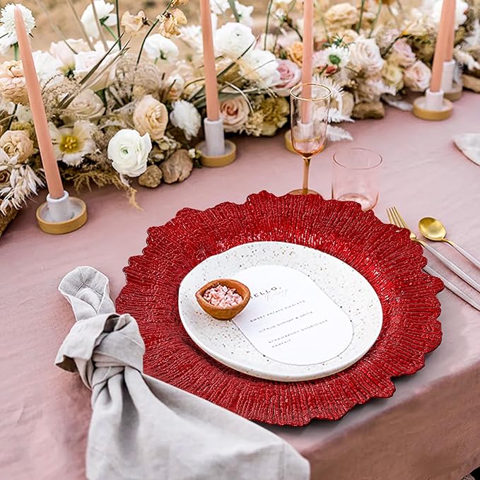Teruntrue 24 Pcs Red Charger Plates Bulk 13 Inch Plastic Charger Plates for Dinner Plate, Red Chargers for Table Setting, Reef Design Plate Floral Decorative Round Chargers for Wedding Party, Event