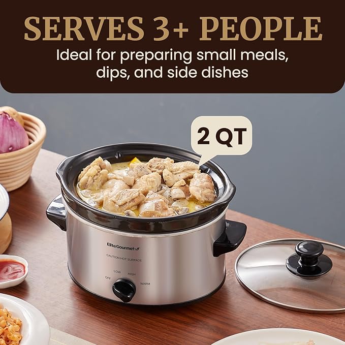 Elite Gourmet MST-275XS Electric Oval Slow Cooker, Adjustable Temp, Entrees, Sauces, Stews & Dips, Dishwasher Safe Glass Lid & Crock (2 Quart, Stainless Steel)