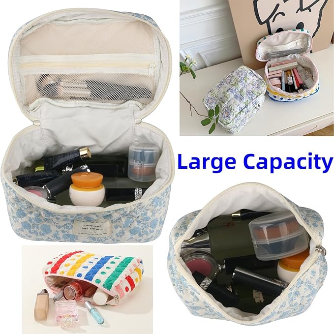 Makeup Bag Travel Essentials Quilted Cosmetic Toiletry Pouch Organizer Insert for Women Dorm Room Essential Gift Large Capacity Opening Lightweight Cute Aesthetic Portable 2PCS (Colorful Dots)
